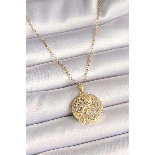 316L Çelik Gold Renk Zincir Zirkon Taşlı Ay Güneş İşlemeli Madalyon Model Kadın Kolye - TJ-BKO9958