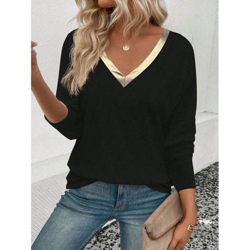 Kadın Uzun Kollu V Parlak Yaka Detaylı Viskon Bluz