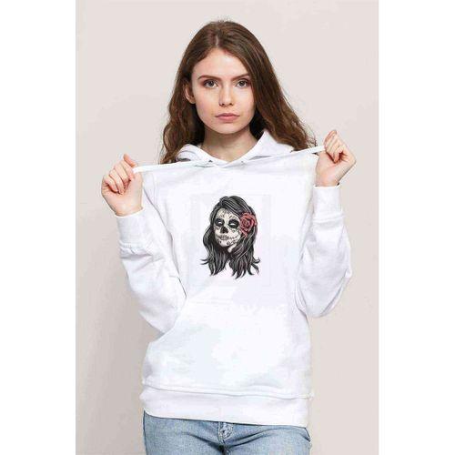 Queen Skull Baskılı Beyaz Kadın Kapşonlu Sweatshirt