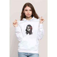 Queen Skull Baskılı Beyaz Kadın Kapşonlu Sweatshirt