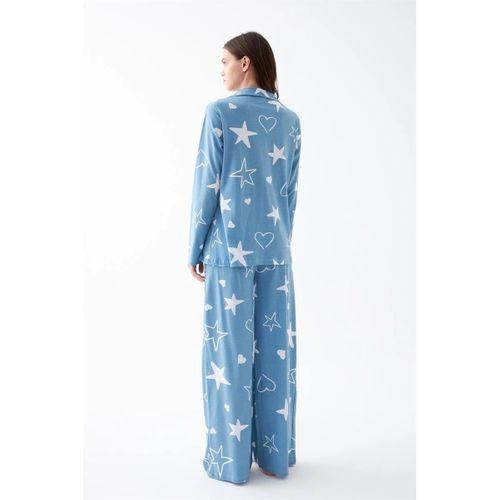 Kadın Mavi Yıldız Desenli Düğmeli Pamuklu Pijama Takımı