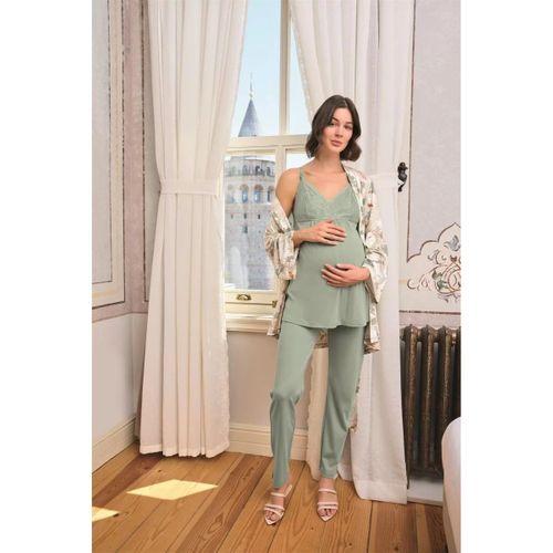 Çiçek Ve Yaprak Desenli Dantelli Hamile Lohusa 3'lü Pijama Takımı