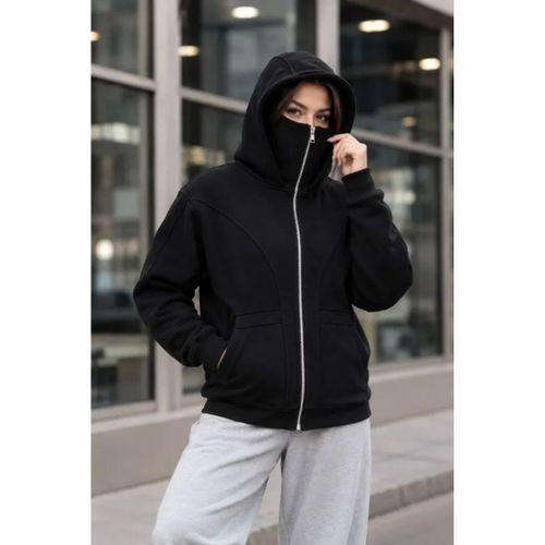 Maskeli Ninja Model Çift Kapüşonlu 3 İplik Şardonlu Fermuarlı Oversize Sweatshirt - Siyah