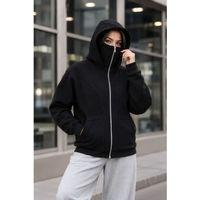 Maskeli Ninja Model Çift Kapüşonlu 3 İplik Şardonlu Fermuarlı Oversize Sweatshirt - Siyah