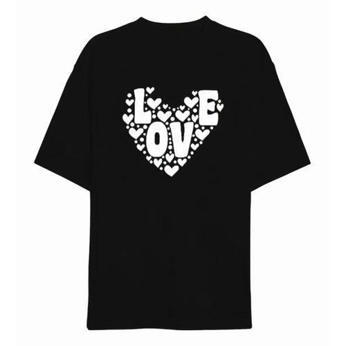 14 Şubat Sevgililer Günü Love Kalp Baskılı Oversize Bisiklet Yaka T-shirt - Siyah