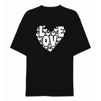 14 Şubat Sevgililer Günü Love Kalp Baskılı Oversize Bisiklet Yaka T-shirt - Siyah