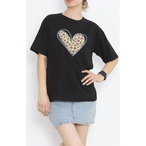 14 Şubat Sevgililer Günü Leopar Kalp Baskılı Oversize Bisiklet Yaka T-shirt - Siyah