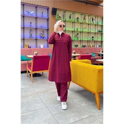Dik Yaka Kısa Fermuarlı Yırtmaçlı Sade Basic Uzun Tunik ve Pantolon İkili Spor Takım - 03062.009 - Bordo