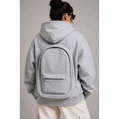 3 İplik Şardonlu Tam Fermuarlı Kapüşonlu Arka Çanta Detaylı Sweatshirt - Gri