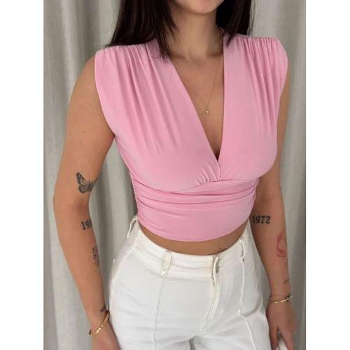 Vatkalı Kolsuz V Yaka Drapeli Crop Bluz Likralı Fit - Pembe