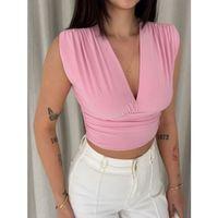 Vatkalı Kolsuz V Yaka Drapeli Crop Bluz Likralı Fit - Pembe