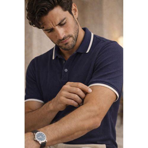 Balzac Yakası Şeritli Düğmeli Polo Yaka Basic Günlük Petek Örgü Triko Erkek T-Shirt - Lacivert