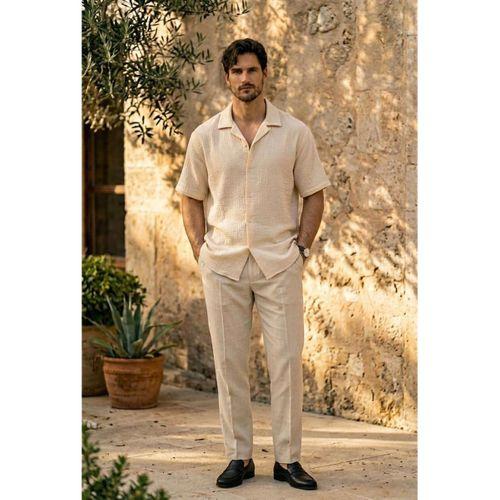 Yarım Oversize Apaş Yaka Kısa Kol Müslin Kumaş Erkek Gömlek - Bej