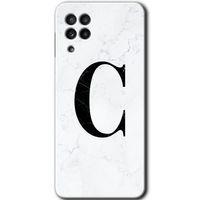 Samsung Galaxy A22 Kılıf Baskılı Kapak - Beyaz Mermer Desenli C Harfi + 5D Tam Kaplayan Cam