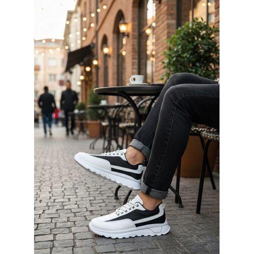 BA0246 Beyaz Siyah Parçalı Bağcıklı Yüksek Taban Günlük Erkek Ayakkabı