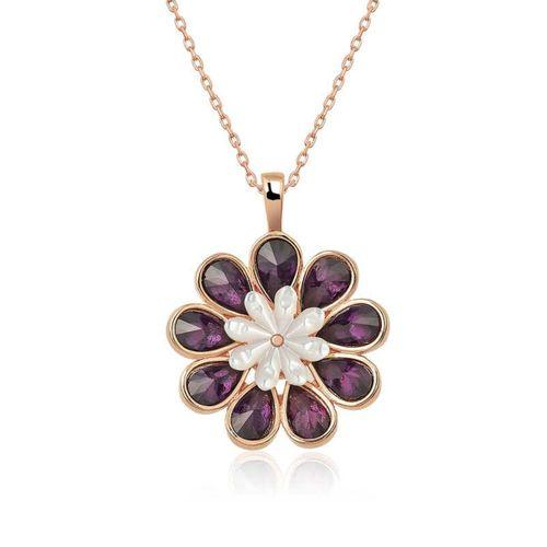 Lucky Life 925 Ayar Gumuss  Rose Erguvan Çiçeği Kolye