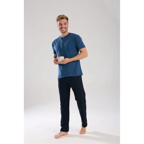 Erkek İndigo Düğmeli Yaka Kısa Kol Pijama Takımı
