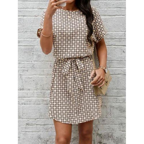 Kadın Kısa Kollu Yuvarlak Yaka Beli Kuşaklı Geometrik Desenli Süprem Elbise