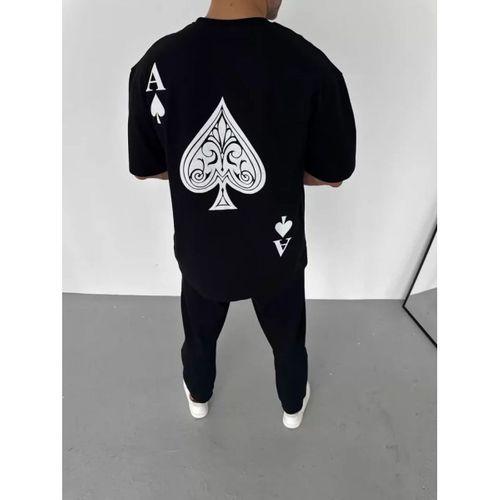 Unisex Bisiklet Yaka Baskılı Oversize T-Shirt - Siyah