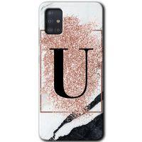 Galaxy A51 Kılıf HD Desen Baskılı Arka Kapak - Pembe Mermer Desenli U Harfi + Kırılmaz Cam