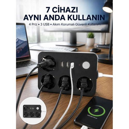 3 Usb Çıkışlı 4’lü Akıllı Priz 2500w 2 Metre Kablo