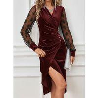 Kadın Uzun Kollu Kruvaze Yakalı Yandan Düğmeli önden çapraz Kesin Detaylı Midi Kadife Elbise