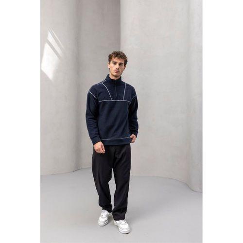 Crowe Çizgi Şeritli Oversize Yarım Fermuar Polar Erkek Sweatshirt - Lacivert
