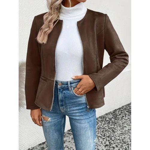 Kadın Uzun Kollu Yuvarlak Yaka önden Fermuarlı Süet Ceket