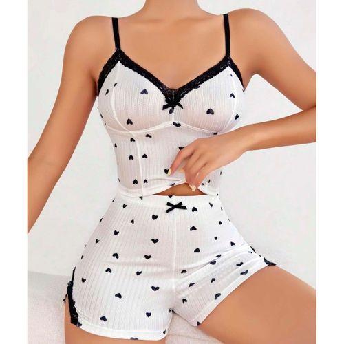 Pamuklu Beyaz Üstüne Siyah Kalp Desen Fitilli Askılı Şortlu Pijama Takımı