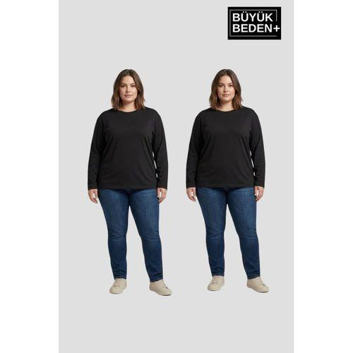 Kadın Büyük Beden 2 li Set Uzun Kollu 2 İplik Bisiklet Yaka Tişört SPR26BEA942+2