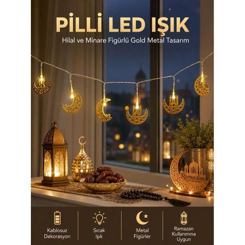 Pilli Minareli Hilal Led Işık Gold Metal Ramazan Dekorasyonu