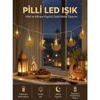 Pilli Minareli Hilal Led Işık Gold Metal Ramazan Dekorasyonu