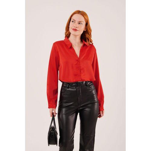Saten Crop Model Kırmızı Gömlek