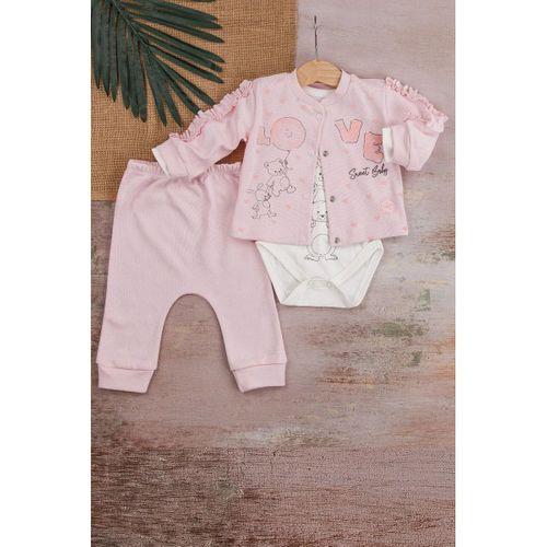 Love Tavşan Desenli Kol Detaylı 3'lü Hırkalı Kız Bebek Takım