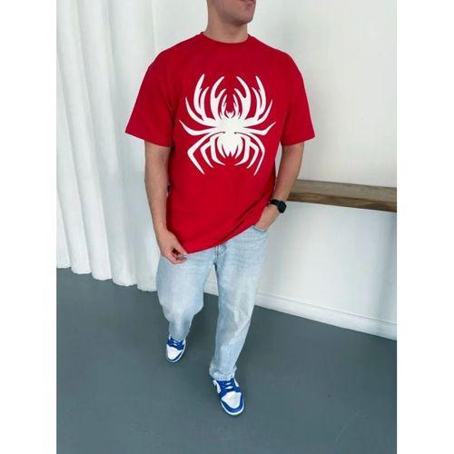 Erkek Örümcek Baskılı Tişört Kısa Kollu Bisiklet Yaka T-Shirt - Kırmızı