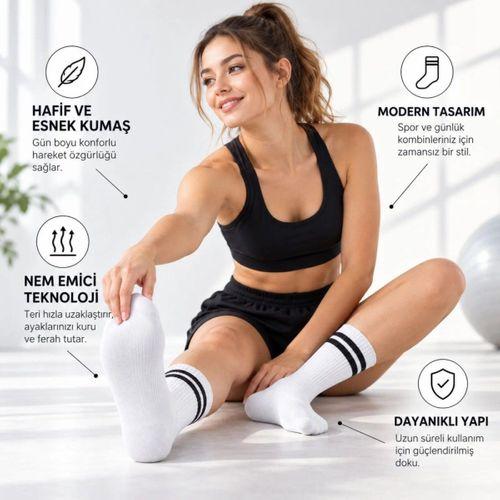 Unisex Beyaz Çorap Siyah Çizgili 12'li Set Uzun Soket Günlük Spor Kolej Stil Kadın Erkek Çorabı