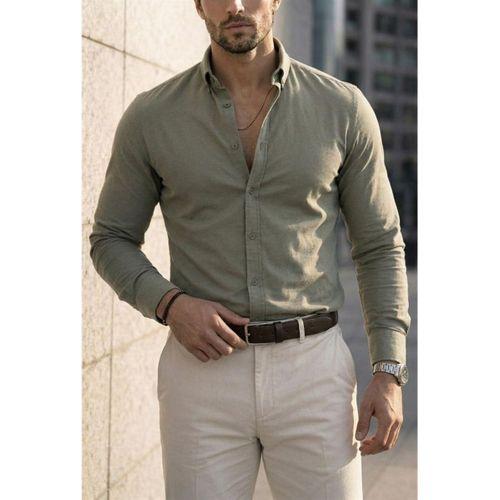 Likralı Regular Fit Nefes Alabilir Klasik Erkek Oxford Gömlek - Haki
