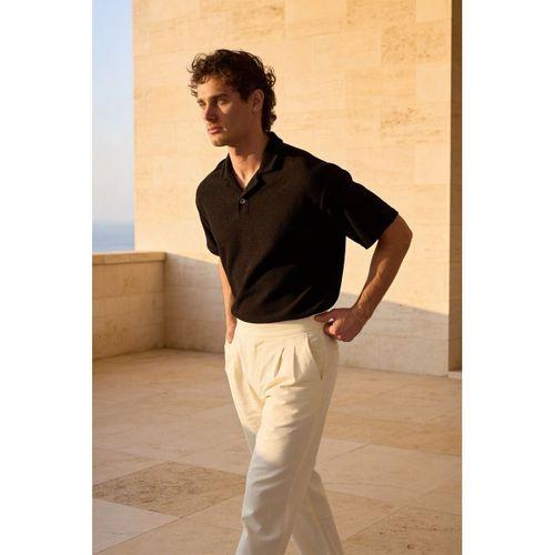 Aretus Şönil Kumaş Regular Fit Tek Düğmeli Polo Yaka Erkek T-Shirt - Siyah