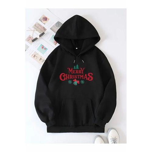 Yılbaşı Merry Christmas Baskılı Oversize Kapüşonlu Sweatshirt Hoodie - Siyah