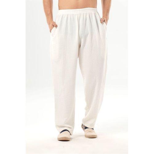 Beli Lastikli Yandan Çift Cepli Müslin Şalvar Pantolon Kırık Beyaz KrkByz