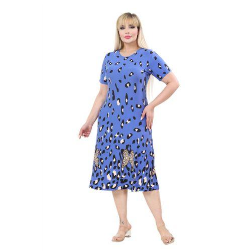 Melsay Butik Mavi Kısa Kollu A Kesim Eteği Sulu Leopar Desen Midi Elbise