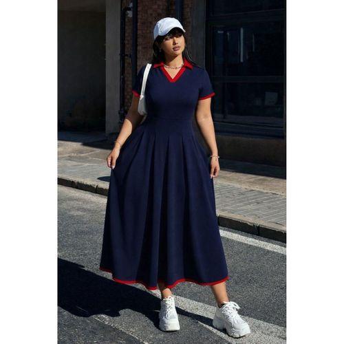 Kadın Kısa Kollu V Yakalı Pileli Uzun Janjan Krep Elbise