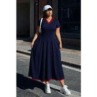 Kadın Kısa Kollu V Yakalı Pileli Uzun Janjan Krep Elbise