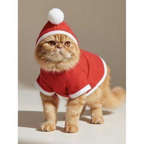 Yılbaşı Ağacı Premium Kırmızı Polar Kedi Kıyafeti | Kapüşonlu Noel Kedi Sweatshirt