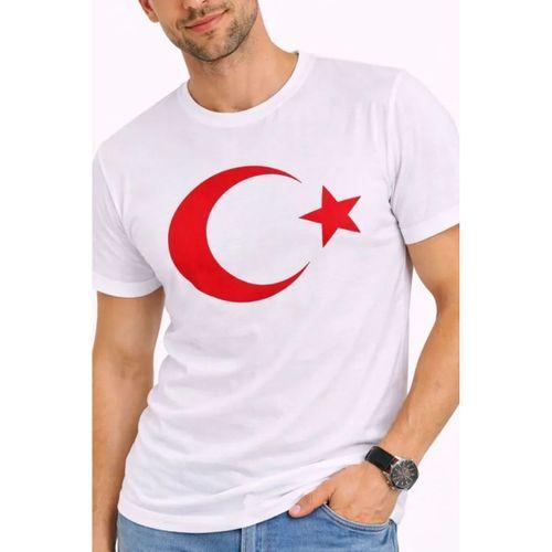 Erkek T-Shirt Kısa Kol Bisiklet Yaka Ay Yıldız Bayrak Baskılı Tişört - Beyaz