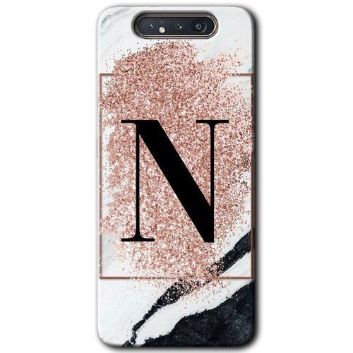 Samsung Galaxy A80 Kılıf Baskılı Kapak - Pembe Mermer Desenli N Harfi + 5D Tam Kaplayan Cam