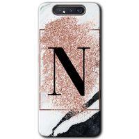 Samsung Galaxy A80 Kılıf Baskılı Kapak - Pembe Mermer Desenli N Harfi + 5D Tam Kaplayan Cam