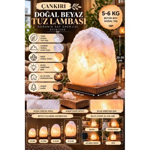 Çankırı 5-6 Kg Beyaz Doğal Kaya Tuzu Lambası Ahşap Kaideli Dekoratif Lamba