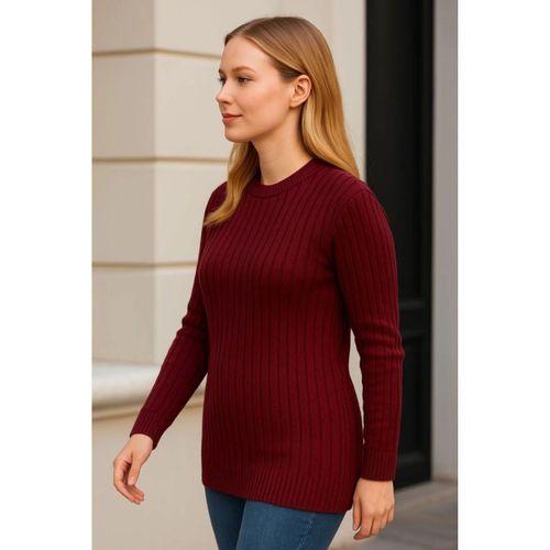 Bisiklet Yuvarlak Yaka Triko Kazak Pamuklu Kalın Fitilli Dokuma, Regular Fit Uzun Kollu Kışlık Model - Bordo