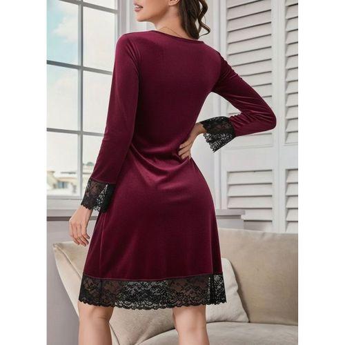Kadın Uzun Kollu V Dantel Yakalı Mini Kadife Elbise